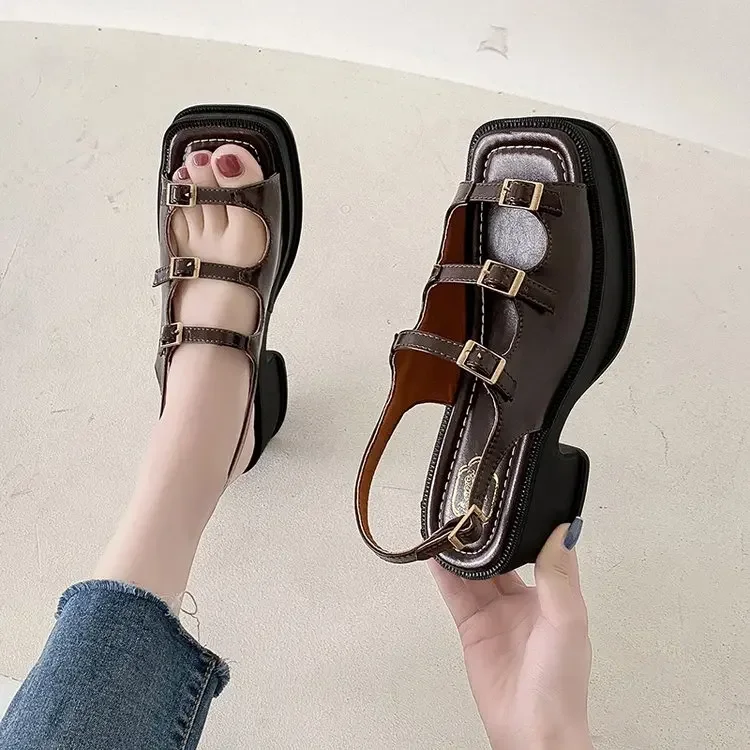 2022 New Thick Sole Sandals Ladies Soft and Comfortable Pin Buckle Elastic Strap Roman Style Sandals Hollow Buckle Solid Color