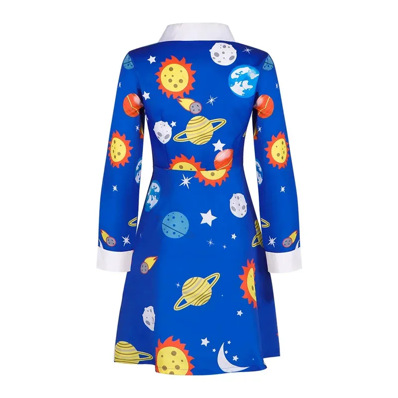 The Magic School Bus Miss Frizzle Costume Women Halloween Costumes Teacher Cosplay Outfit Vintage Blue Long Sleeve Dress goi/6