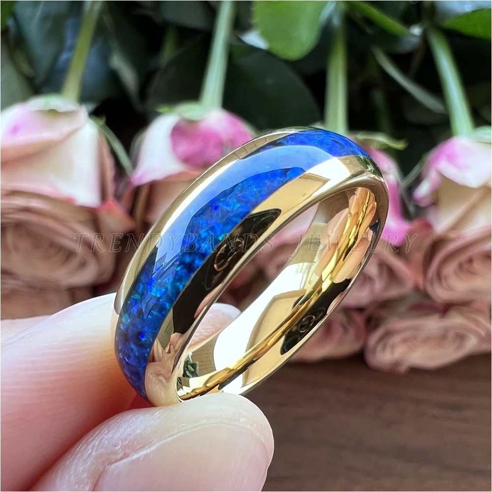 6 mm 8 mm Ringe für Männer und Frauen, Wolfram-Ehering, Modeschmuck, blaue Opal-Inlay, gewölbt, poliert, glänzend, bequeme Passform – Detail 3