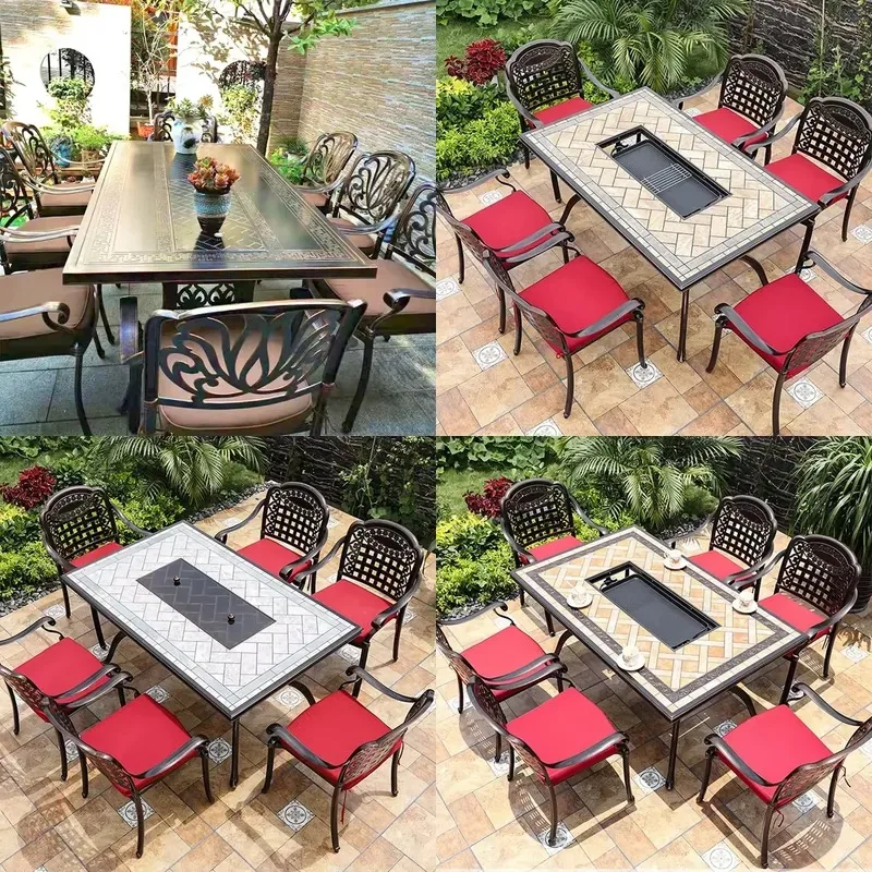 Modern 6 Seat Cast Aluminum Outdoor Garden Furniture Set Waterproof Patio Dining Table with Electric Grill for Terrace