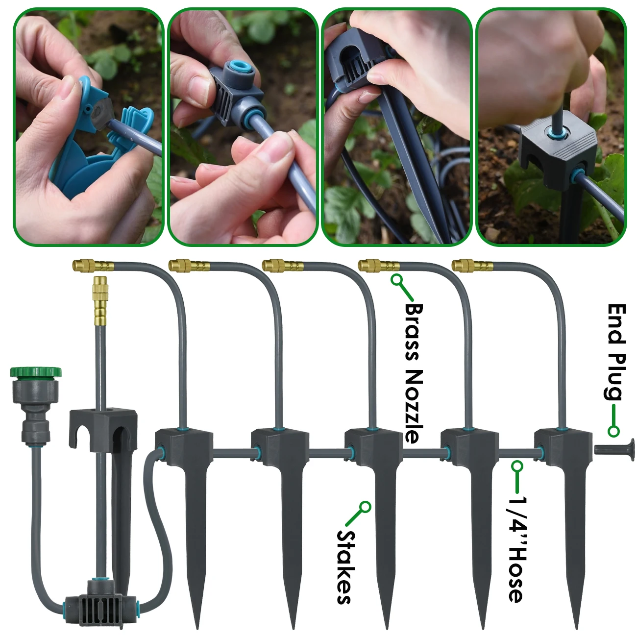 Garden Misting Cooling System 5-30M Self-priming Pump Irrigation Kit 360° Brass Nozzle Socket Timer Quick Push Connector Flowers