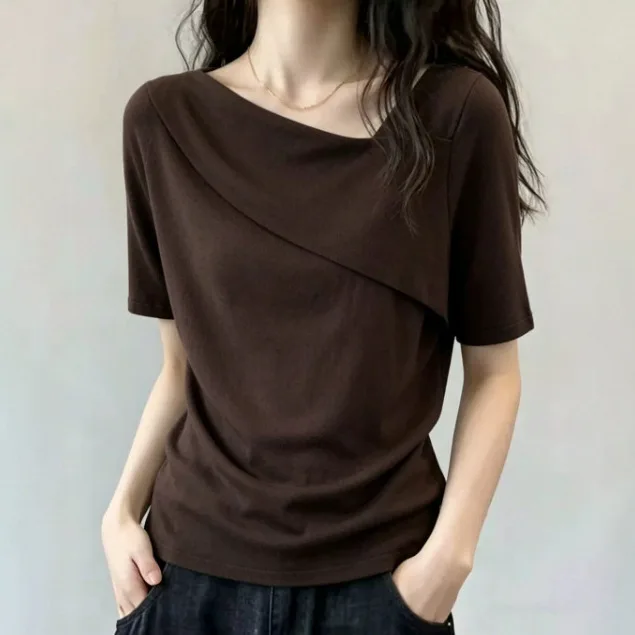 Unique Design, Asymmetrical Slanted Collar, Thin Knit Short-Sleeve T-Shirt For Women, Summer, Distinctive, Chic, Loose-Fitting,
