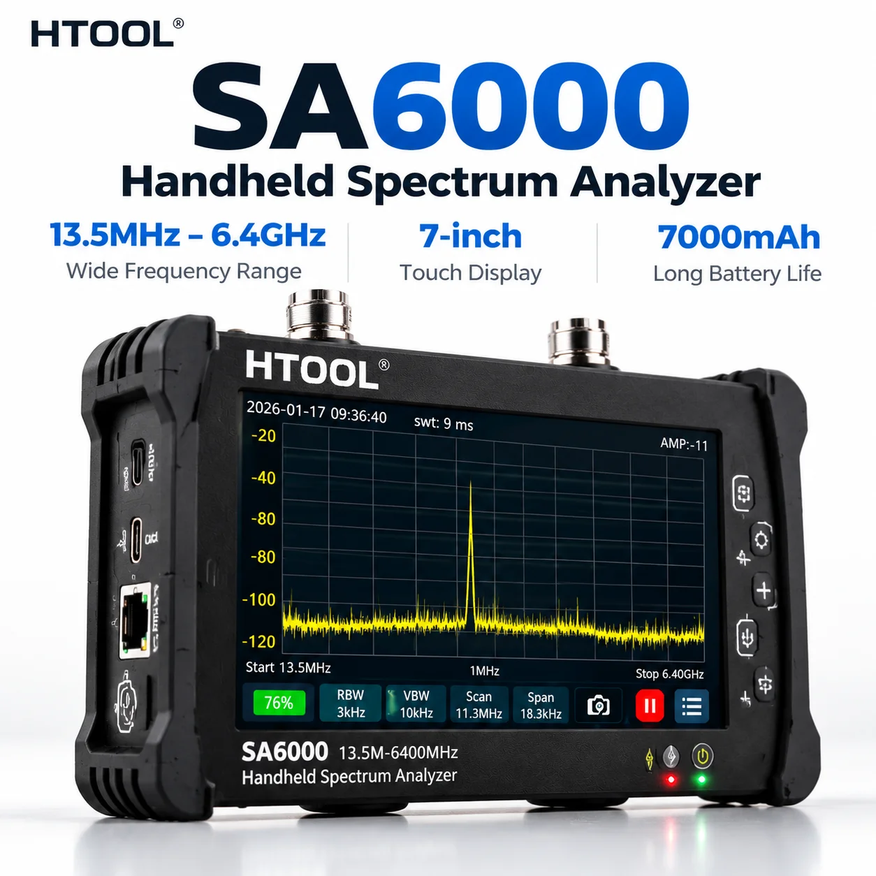 HTOOL SA6000 Handheld Spectrum Analyzer 13.5MHz-6.4GHz RF Signal Generator 7 Inch Touchscreen S21 Measurement