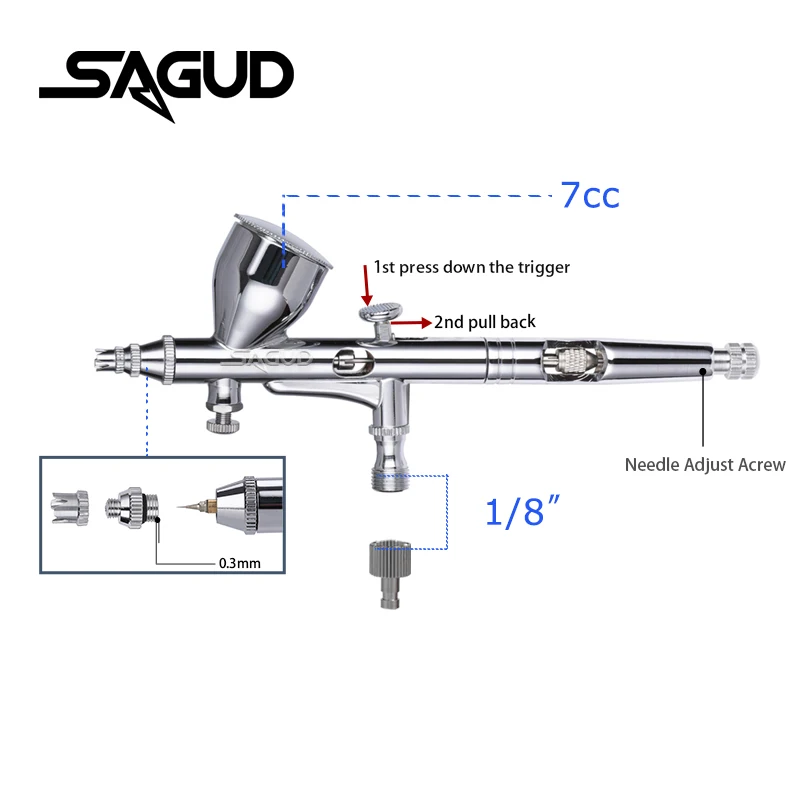 Imagem -06 - Sagud-kit Airbrush Dual Action Gravity Pistola de Pintura Maquiagem Face Tattoo Art Ferramenta Faça Você Mesmo com Air Brush Set