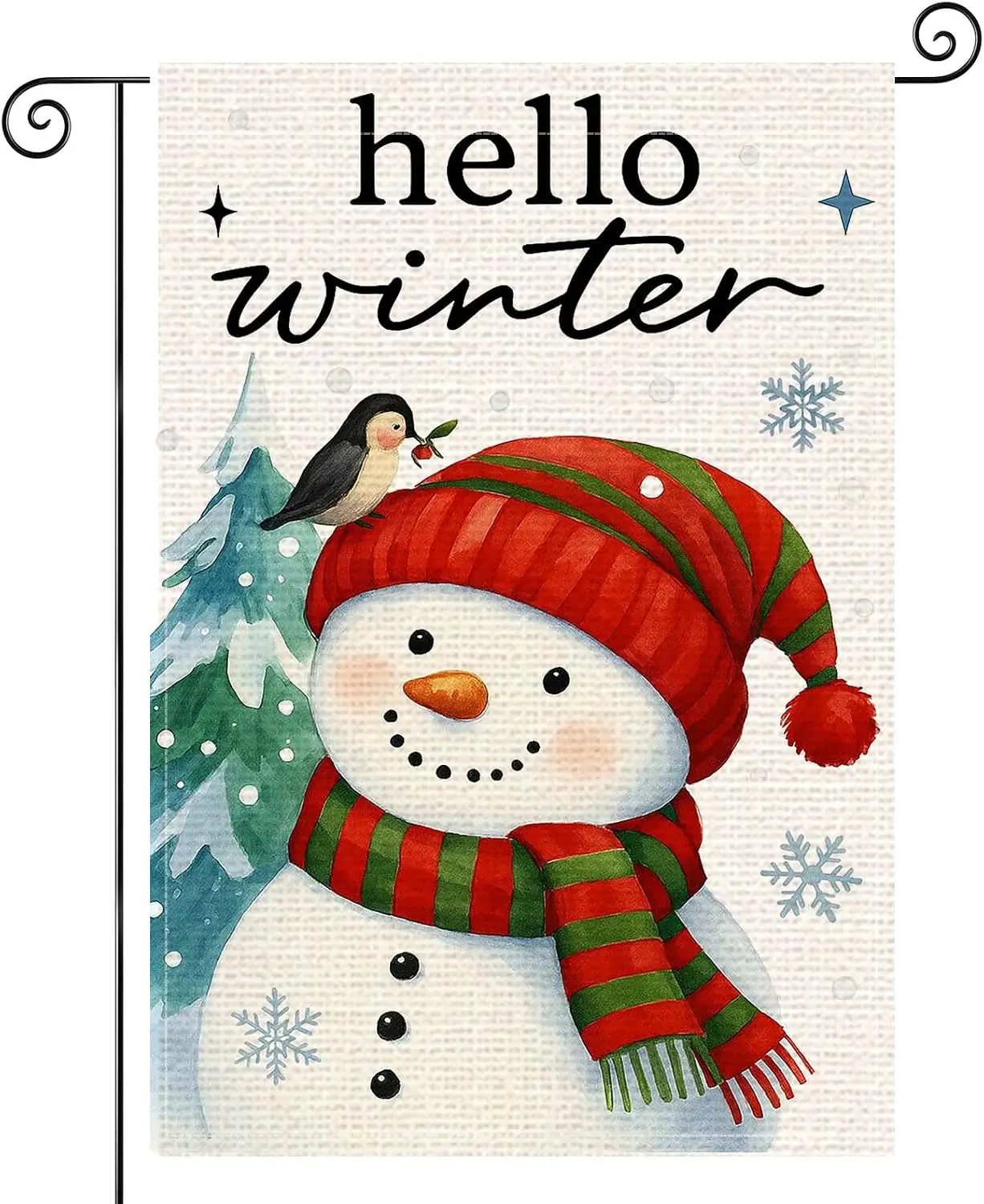 HOMETITUTE Hello Winter Garden Flag 12x18 Inch Snowman Welcome Garden Flags Burlap Double-Sided Bird Tree Scarf Hat Snowflak xxl
