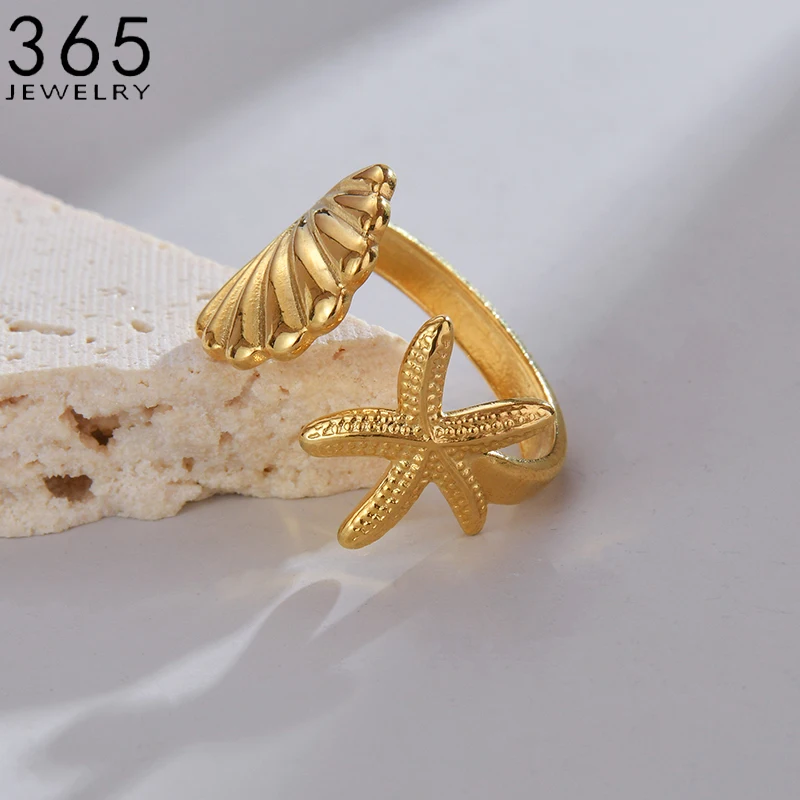 Double -headed Shell Starfish Stainless Steel Gold Color Open Ring For Women Girls Seaside Party Vacation Jewelry Gift