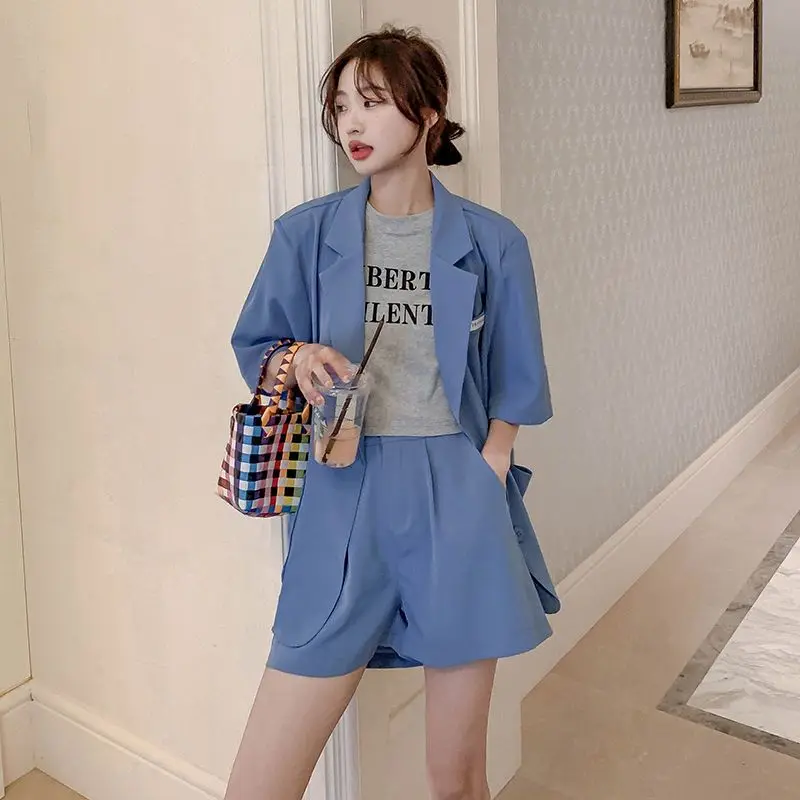 Women Summer Korean Blazer Set Casual Fashion Temperament Goddess Style Professional Suit Shorts Womens Two Piece Jacket Sets