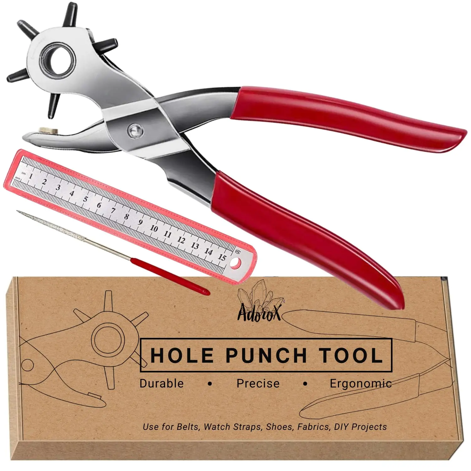 

Heavy Duty Belt Hole Puncher for Leather – 6 Size Revolving Leather Punch Tool with Ruler & Deburring File, Perfect for Straps, Belts, DIY Leathercraft, Repair