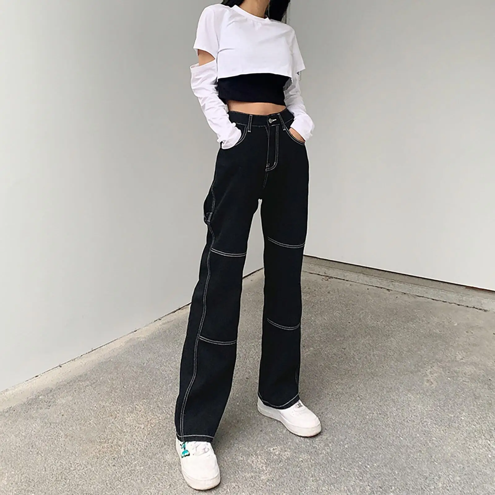 

Ele Women's Denim Patchwork Elastic Flared Pants Bla l Waist mid Stretch plus Size Women's Jeans