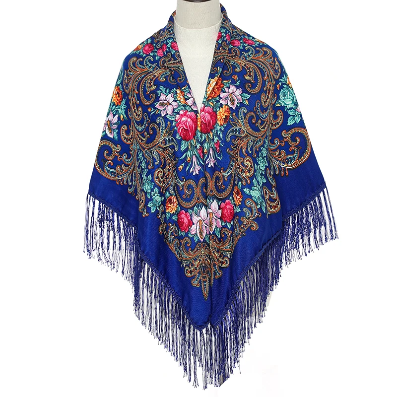 51*51in Square Women Scarf Shawl ukrainian embroidery Retro Fringed Cotton Print Scarves Hijab Wraps Russian Cape Bandana