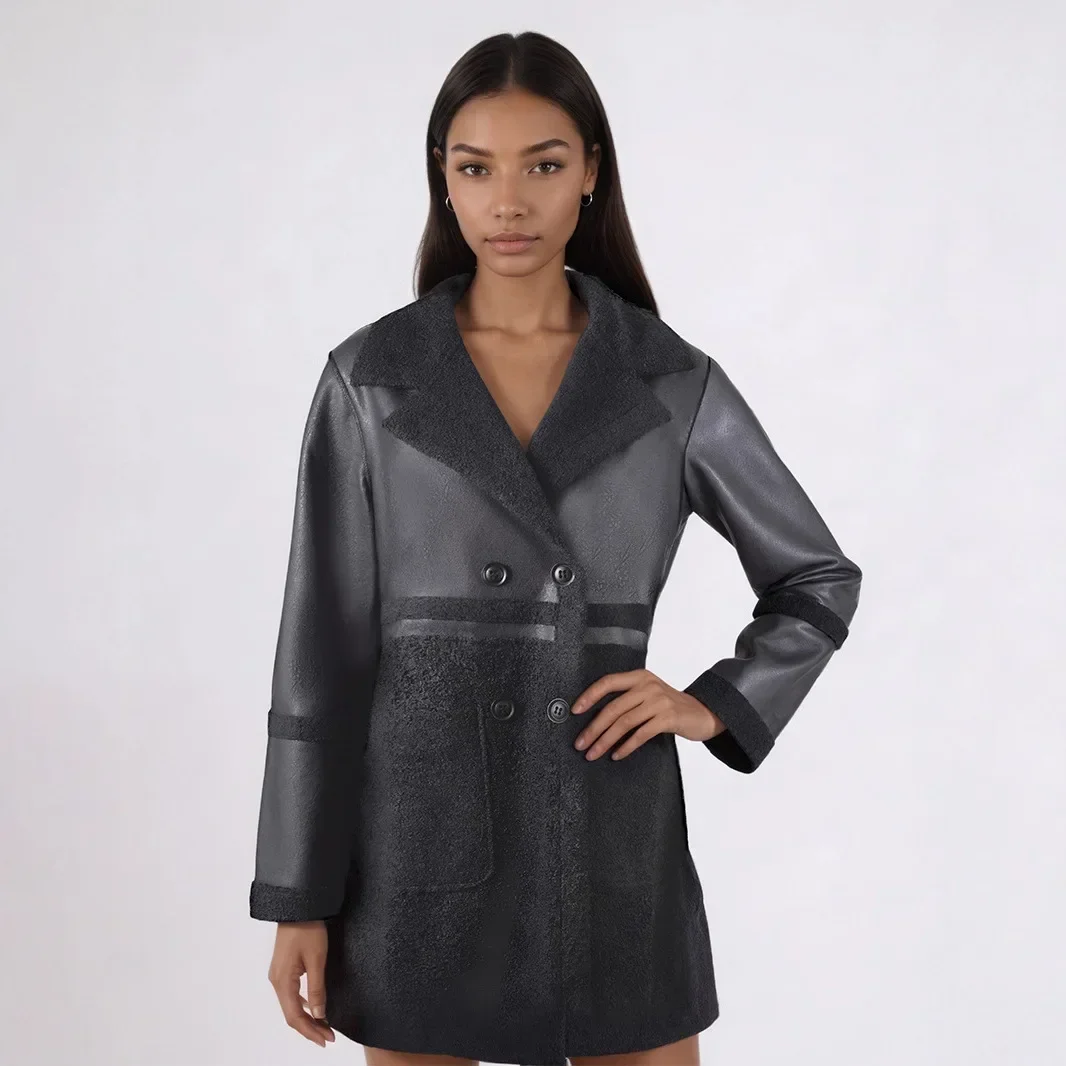 

Long Jacket Square Collar Full Sleeve Pocket Decor Women's Double-Sided Wear Fleece-Lined Thickened Leather Coat Retro Splicing