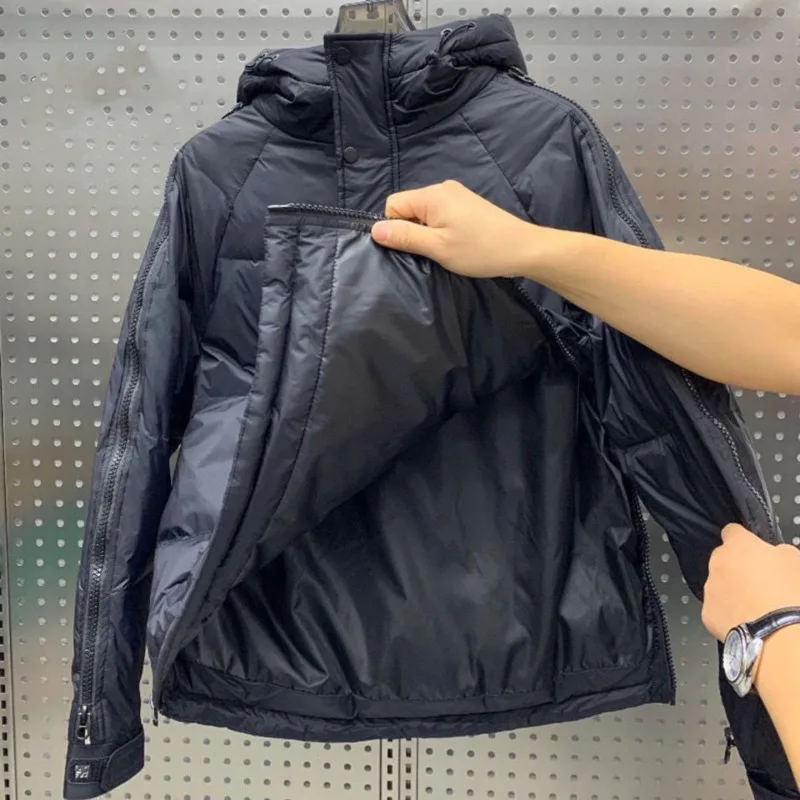 Jaqueta tática com zíper duplo, parkas com capuz, casaco de algodão masculino de inverno, pulôver preto, jaquetas acolchoadas brilhantes, casual, quente, roupa externa