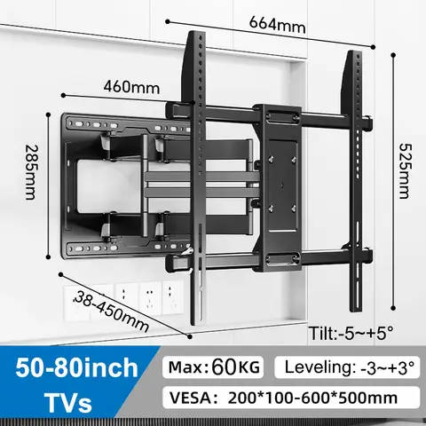 Soporte de pared para TV de movimiento completo para TV LED de pantalla plana de 50-80 pulgadas hasta 132 libras Soporte de brazos articulados duales giratorios Max VESA 600x400 mm