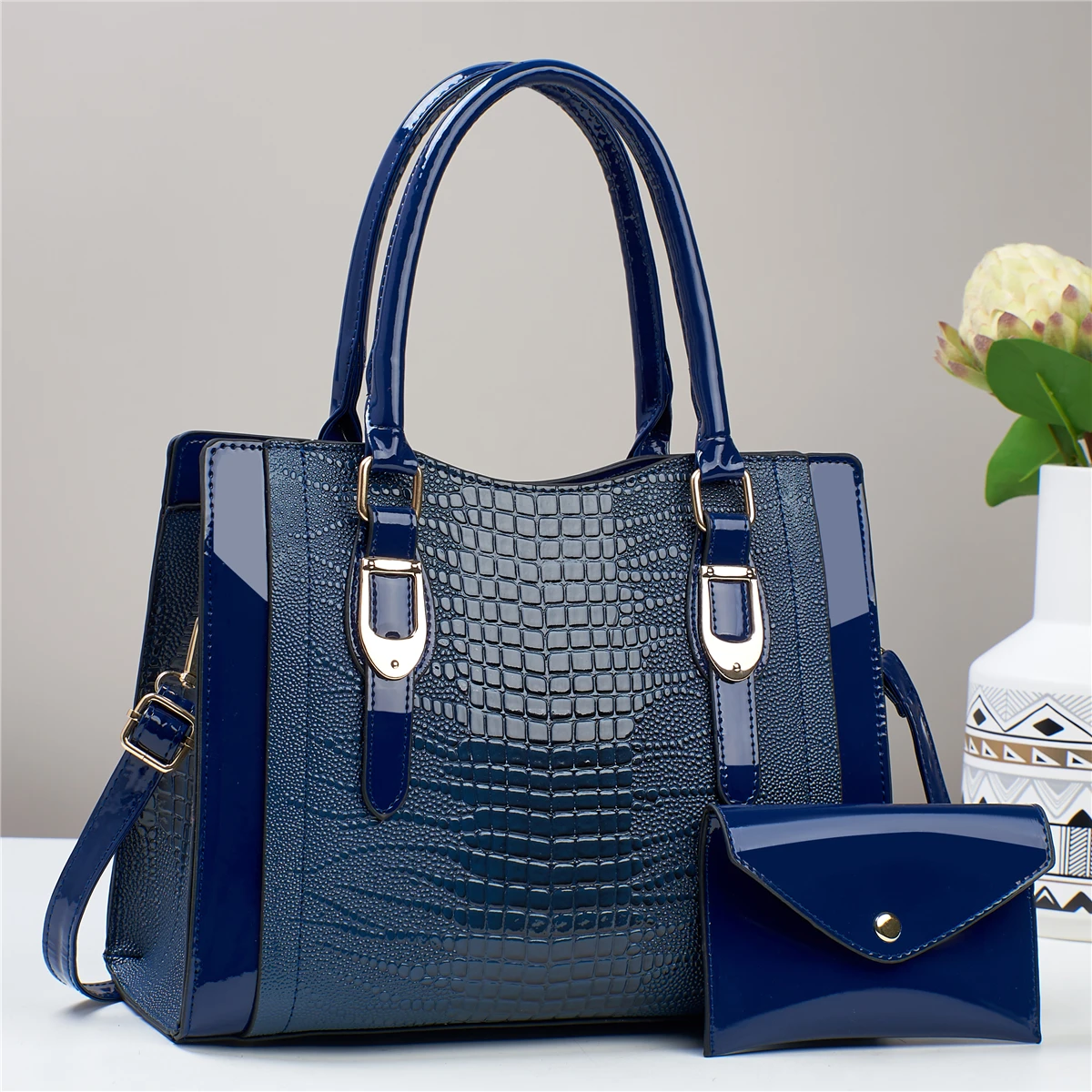 2pcs Glossy Crocodile Pattern Handbag Set, Fashion Top Handle Tote Bag, Women\'s Crossbody Bag With Mini Card Coin Purse