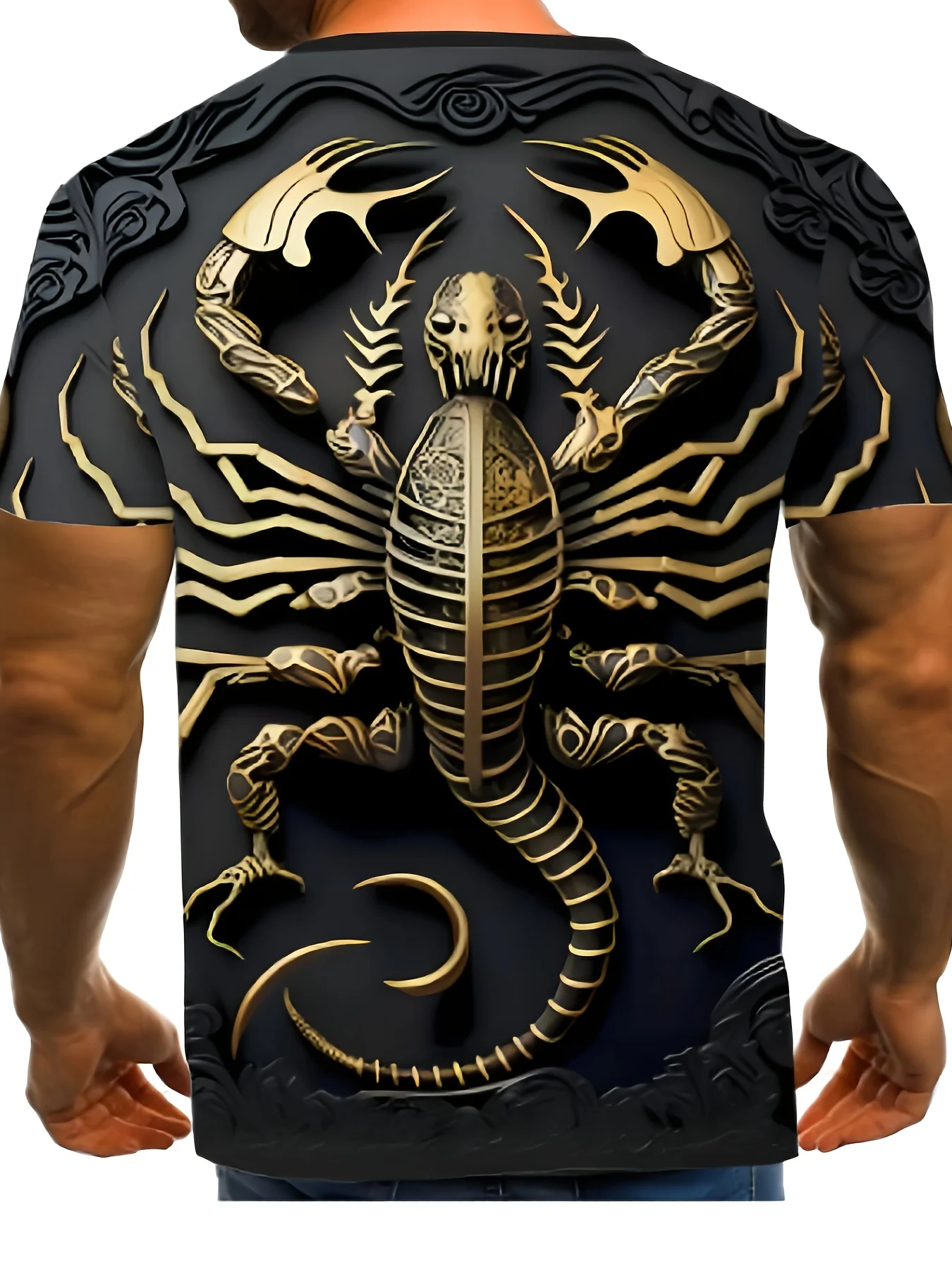 Men's Black Gold Mechanical Armor Scorpion T-Shirt 3D Skeleton Insect Dark Streetwear Top