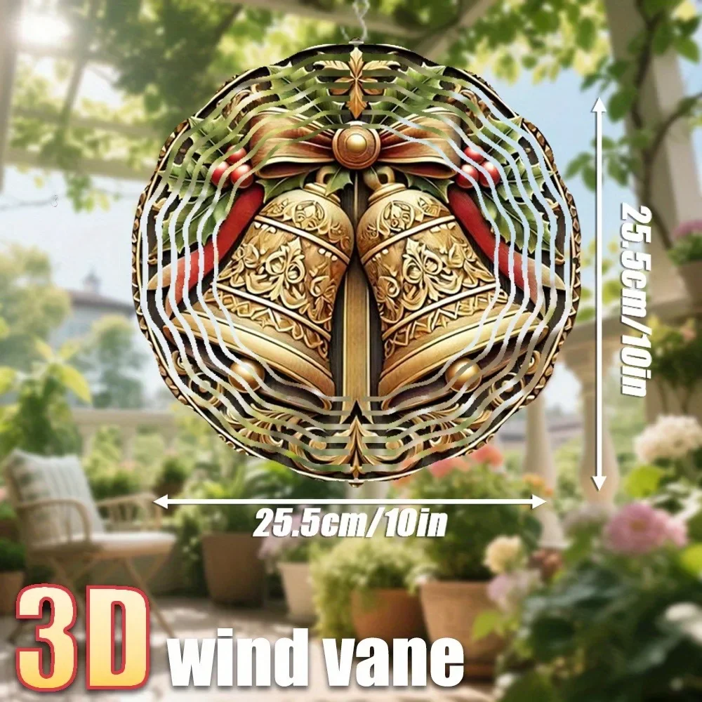 CIFBUY 3D Christmas Golden Bells Wind Chimes Metal Spinner with Red Bow & Holly, Rotating Garden Ornament for Holiday Yard Decor