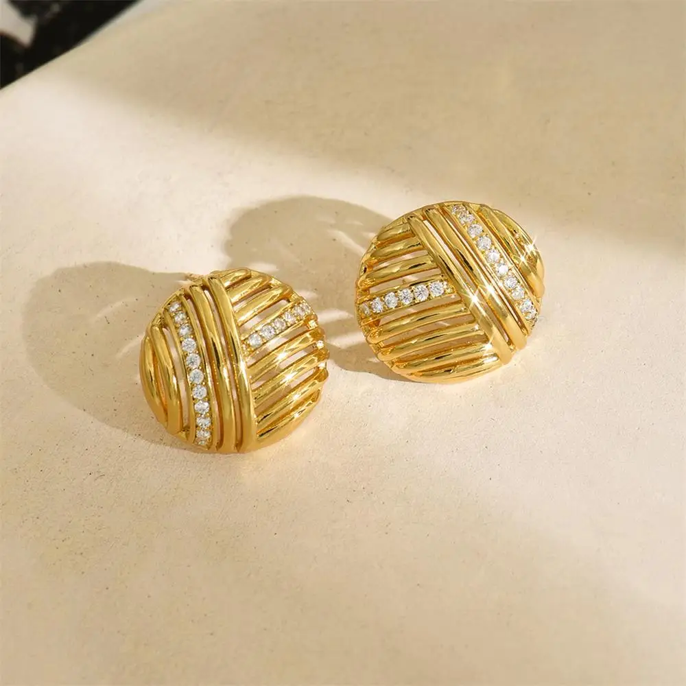 Sparkling Rhinestone Golden Stud Earrings Hollow Weaving Hemispheres Zircon Statement Earring Summer Versatile Women's Jewelry