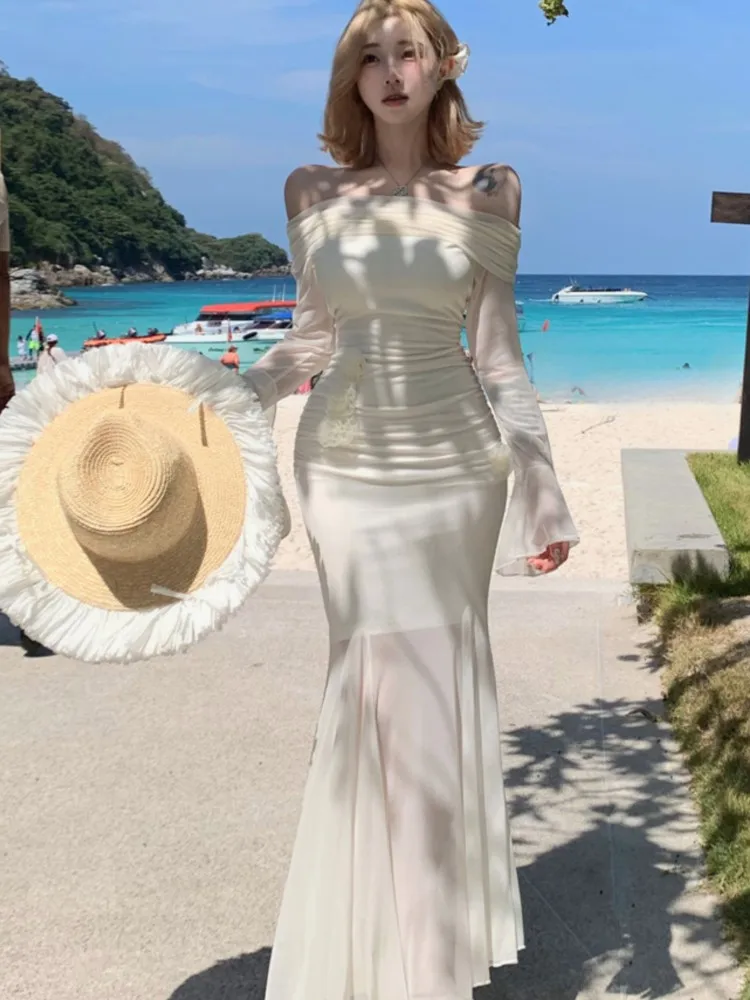 

Woman Sexy Slash Shoulder Bodycon Evening Dresses Elegant Slim Waist Mesh Mermaid Long Party Dress Holiday Prom Female Clothes