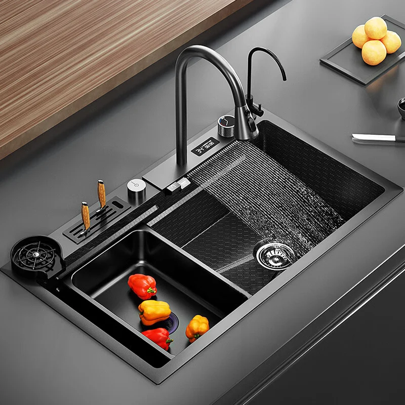 Honeycomb-Embossed 'Flying Rain' Waterfall Kitchen Sink With Digital Display And Knife Holder - Single Bowl Stainless Steel