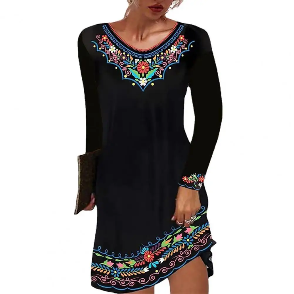 

Women Fashion Ethnic Printed Bohemian Casual Long-sleeved Autumn Dress V Neck Retro Embroidered Pullover Party Dress Streetwear