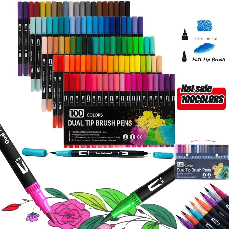 100/60/48/24 Colors Double-Head Washable Color Marker Set Soft Fiber Brush Pen Fine Nib Art Drawing Supplies Stationery