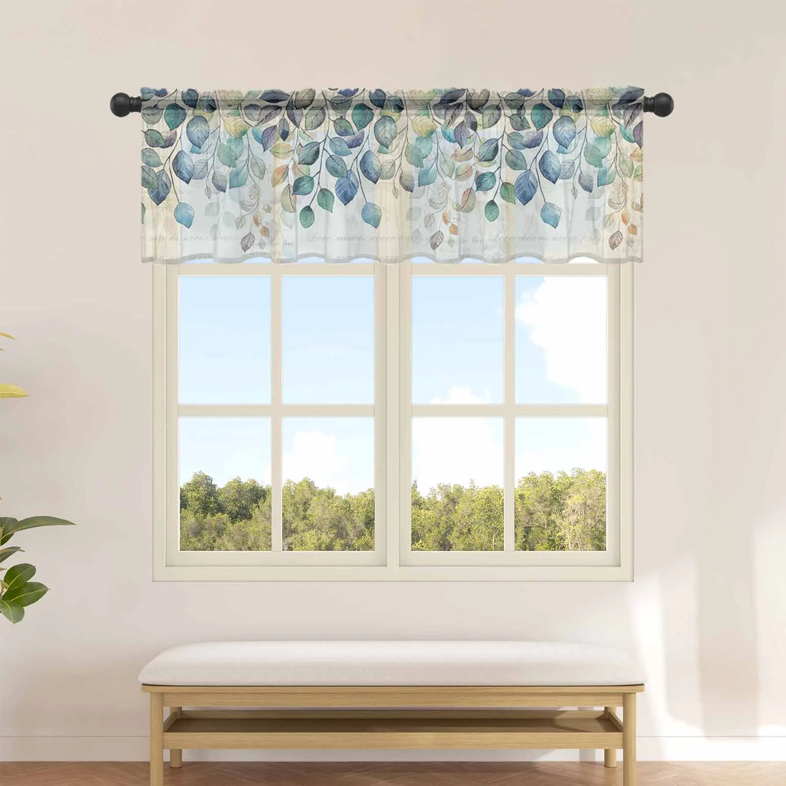 Leaf Plants Blue Autumn Leaves Kitchen Small Window Curtain Tulle Sheer Short Curtain Living Room Home Decor Voile Drapes