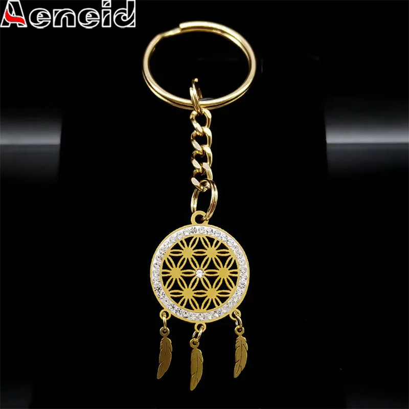 

Boho Crystal Dreamcatcher Feather Tassel Key Chain for Women Men Stainless Steel Gold Color Dream Catcher Keyring Jewelry K8231