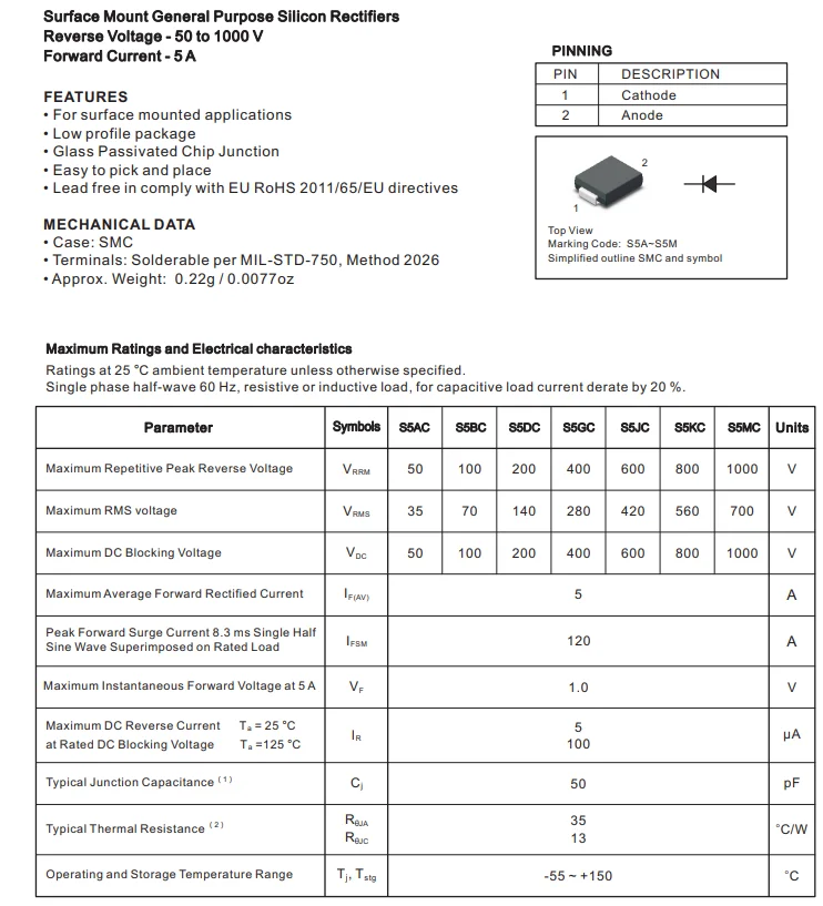 100 قطعة S5DC S5DC-13-F SMC DO214AB 5A200V صنع في الصين