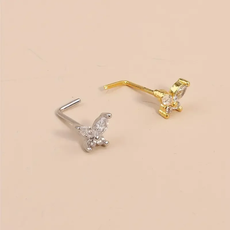 1pc Simple Mini ButterflyL-Shaped Nose Stud Nail Ring Simple Zinc Alloy Nose Piercing Jewelry