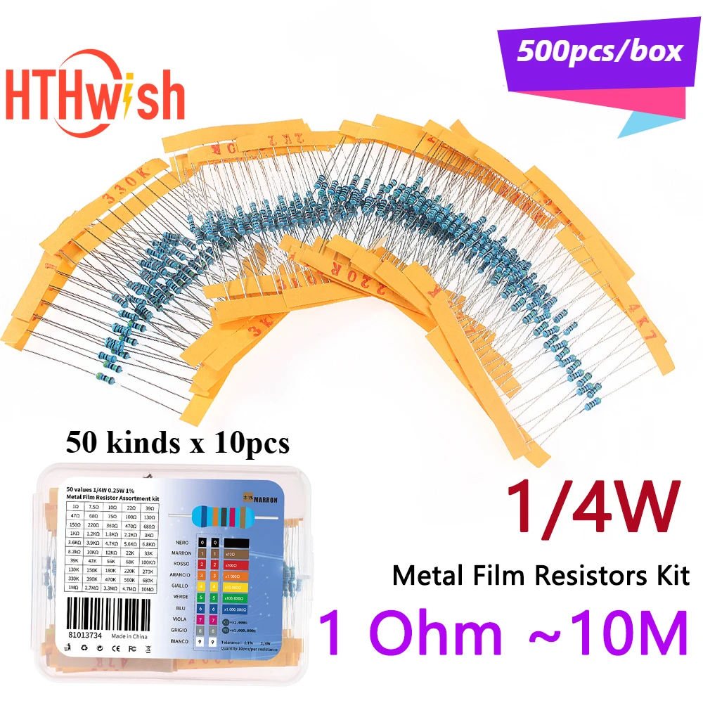 

500 шт./кор., набор металлопленочных резисторов 1/4 Вт, 50 значений, 1%, 1 Ом, 10 м, 0,25 Вт, набор электронного сопротивления «сделай сам», ассорти