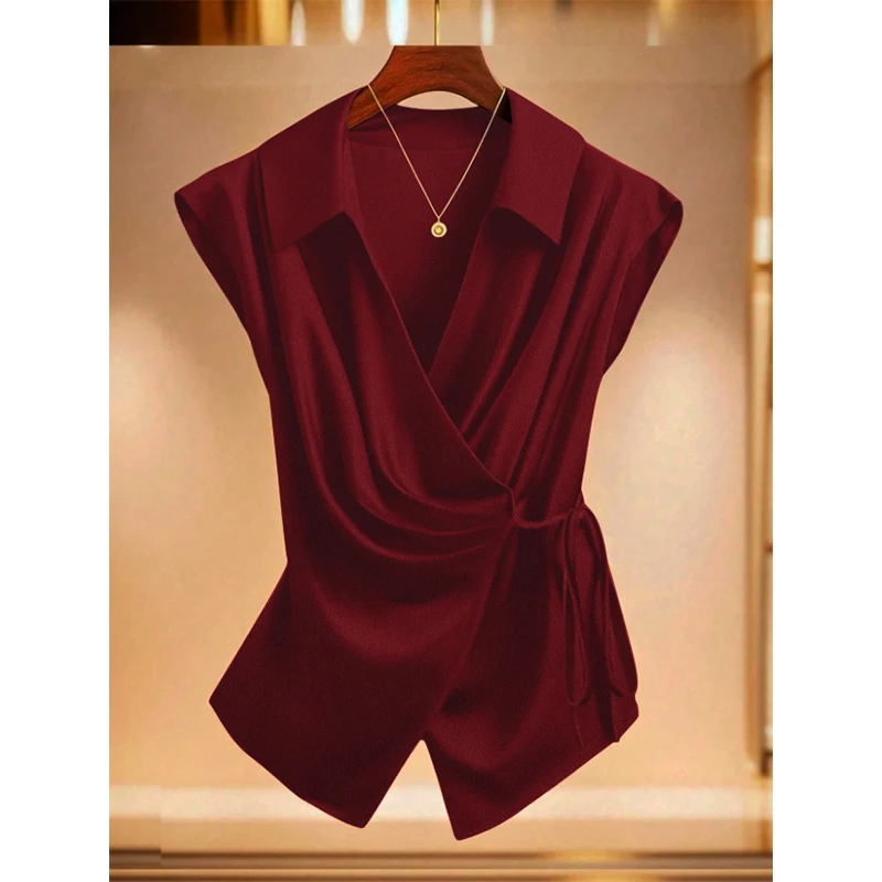 

Ladies Plus Size Sleeveless Shirt with Pleated Collar Front Opening And Butterfly Knot Fashionable Women's Clothing