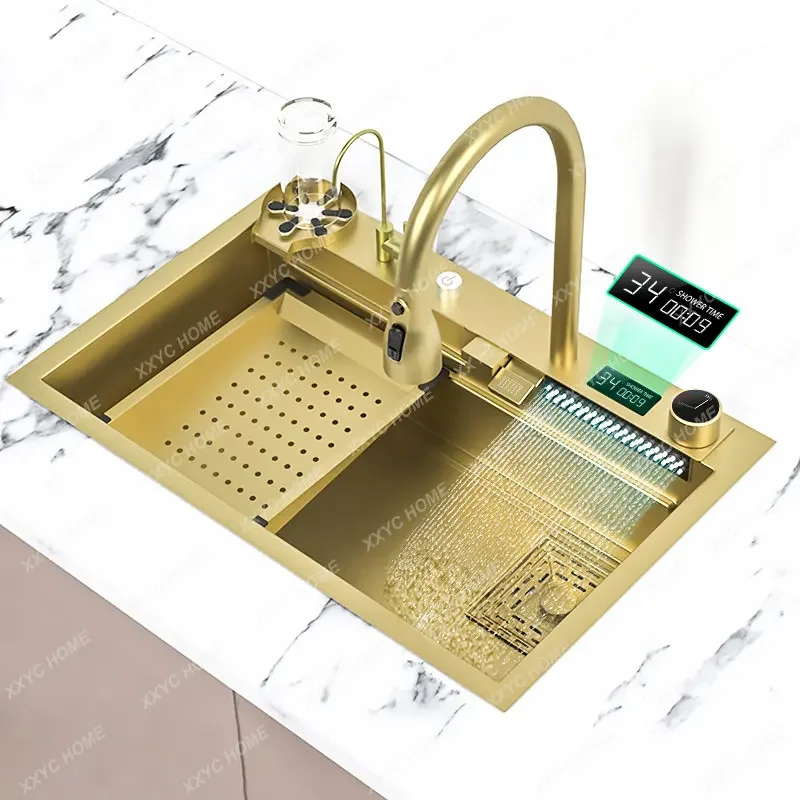 

Sink Gold Stainless Steel Sink Multifuctional Sink Waterfall Faucet kitchen Accessories For Kitchen Decoration