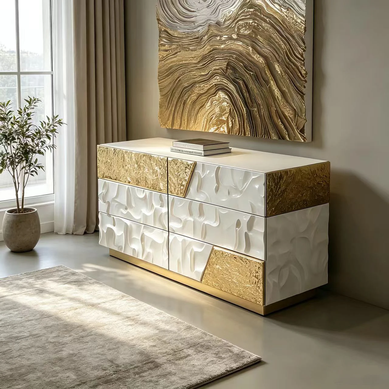N*-Patchwork Gold Crinkle Panel Fiberglass Storage Cabinet 6 Drawers 3D White Relief for Light Luxury