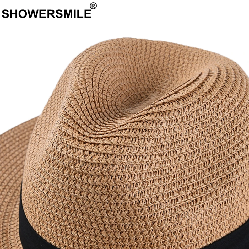 SHOWERSMILE Panama Hat Men Classic Straw Jazz Hat Women Beige Outdoor Casual Hawaiian Ribbon Sun Protection Summer Hat Unisex