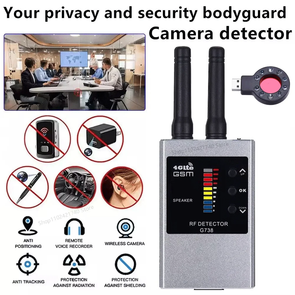 

Hidden Camera Anti Spy Wireless RF Signal Detector Bug GSM Audio GPS Tracker Eavesdropping Device Military Professional Version
