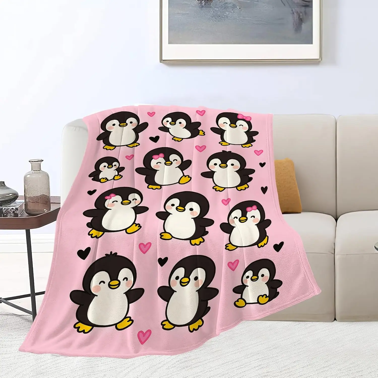 Cute Bow Penguin And Watercolor Heart Repeat Print Flannel Throw Blanket, Warm Cozy Blanket, Sweet Decor Gift For Bedroom Daily