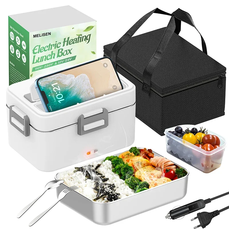 

4 in 1 Electric Lunch Box 80W Food Heater 12V/24V/220V 1.8L Large Capacity for Car/Truck/Home/Office with Carry Bag&Fork Spoon