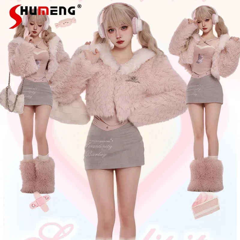 2023 Autumn And Winter Japanese Pink Short Long Sleeve Short Furry Coat Sling Mini Skirt Suit Two Pieces Set For Women's Clothes