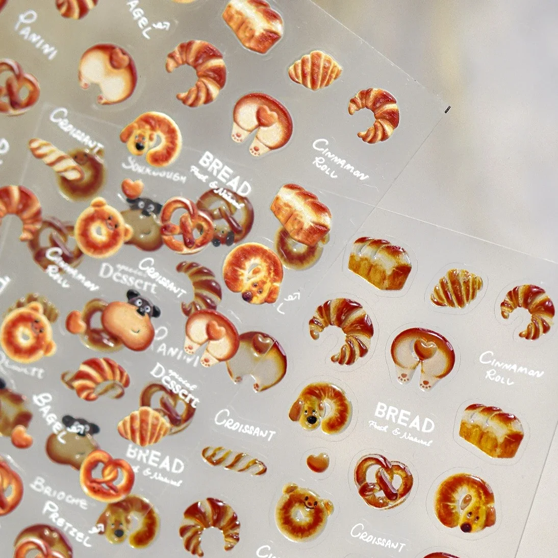 

Cute Bee Dog Food Bread Puppy Croissant Baguette Corgi Dessert Bear Lovely 3D 5D Self Adhesive Nail Art Stickers Manicure Decals