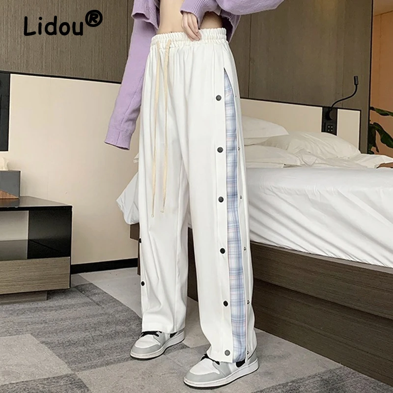 

Plaid Print Patchwork High Waist Button Straight Trousers for Women 2023 Spring Summer Casual Streetwear Baggy Pants Sweatpants