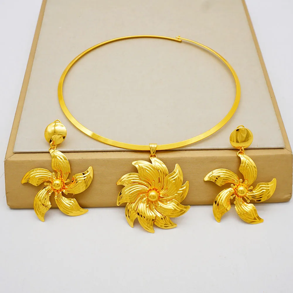 

African Dubai Ethiopian Gold Plated Jewelry Set For Women Girl Bridal Flower Pendant Necklace Earrings Jewelry Set Party Gift