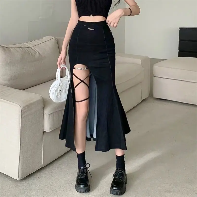 

Mermaid Skirt Slit New Black Sexy Mysterious Royal Sister All-Match High Street Design Trend Mature Cool Women'S Flared Skirt