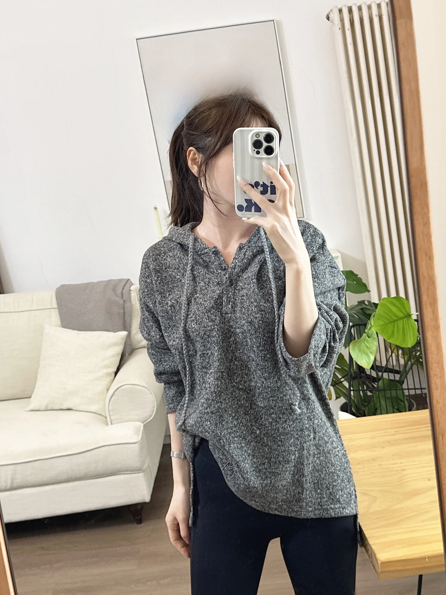 Spring Casual Sli Well-Structured Knitted Fabric Hat Sweatirt Loose Fit Long Sve Pure Color Dstring Women's Hoodie