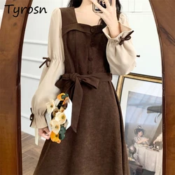 Delicate Bow Dresses for Women Button Patchwork Elegant Princesses Style Casual Lace Up Spring Temper French Style Long Sleeve