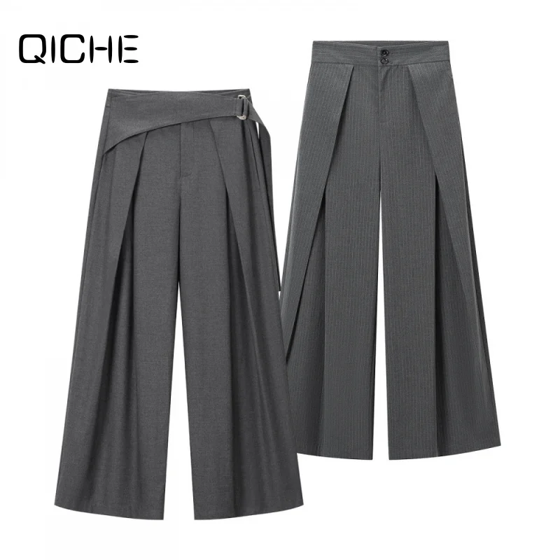 QICHE 2026 Women High Waist Pleated Wide Leg Suit Pants, Elegant Design Casual Trousers For Autumn Winter