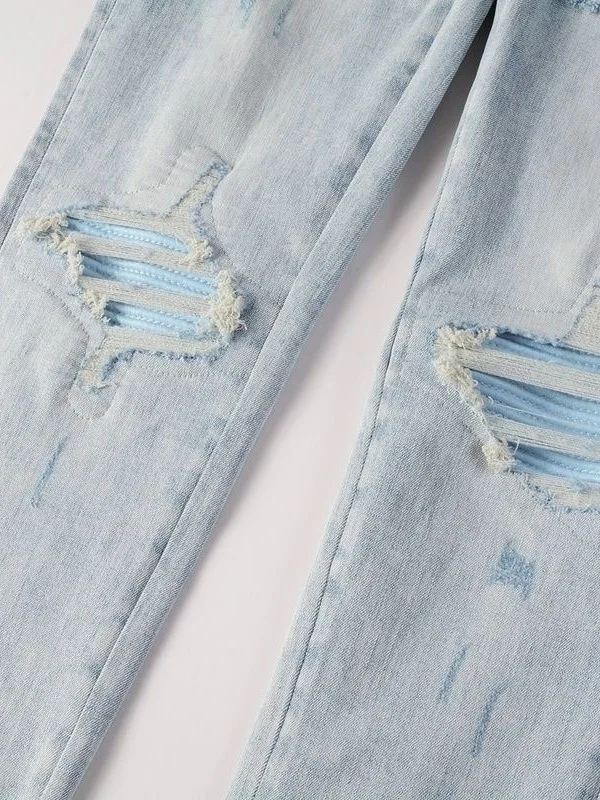 

Trendy American High Street Patchwork Men's Jeans Casual Loose Fit Lightweight Stretchy Light Blue Denim Pants for Youth