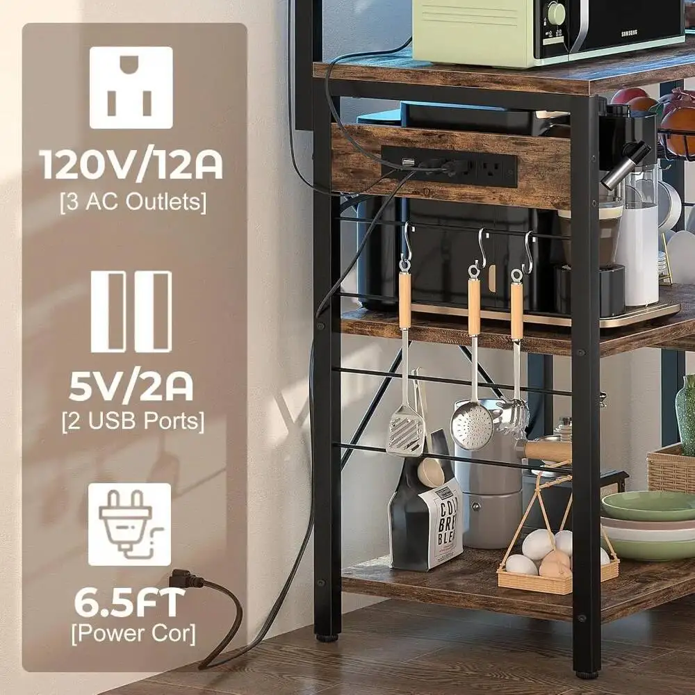 Aheaplus Bakers Rack مخرج طاقة وأوتار خفيفة، حامل فرن الميكروويف رف تخزين المطبخ مع سلة سلكية، قهوة