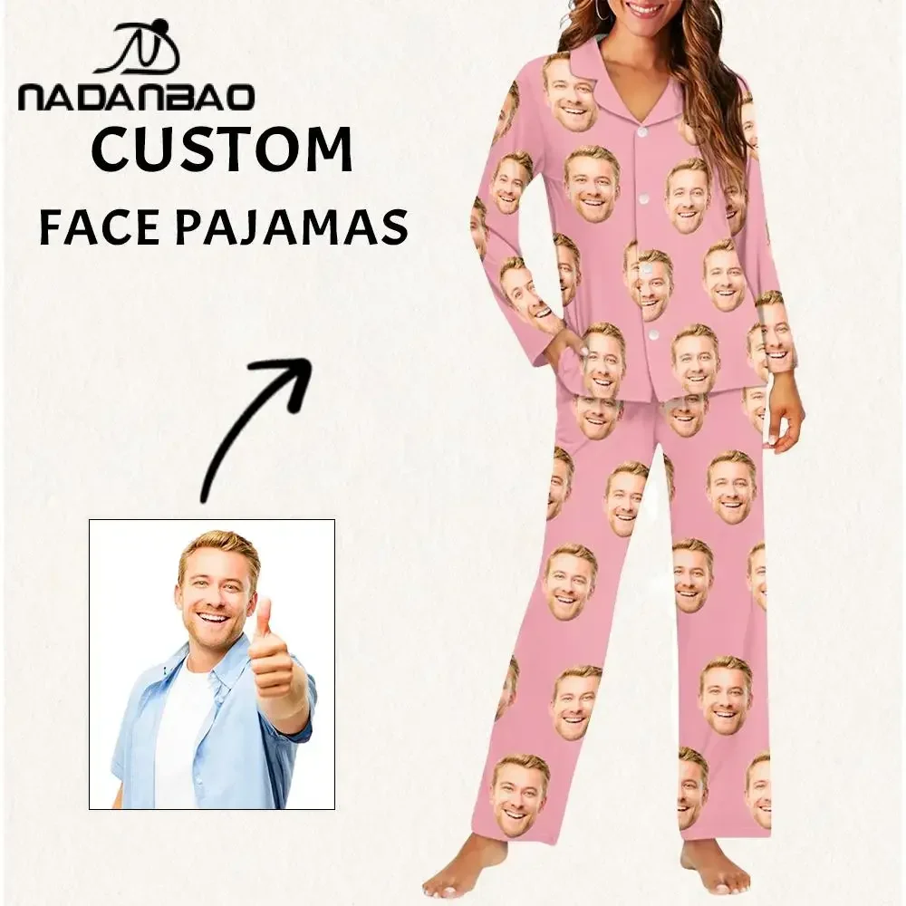 

Your Image Customized Button Pajamas Set DIY Your Design 2pcs/set Autumn Winter Women Sleepwear Fashion Pajamas Party Nightwear