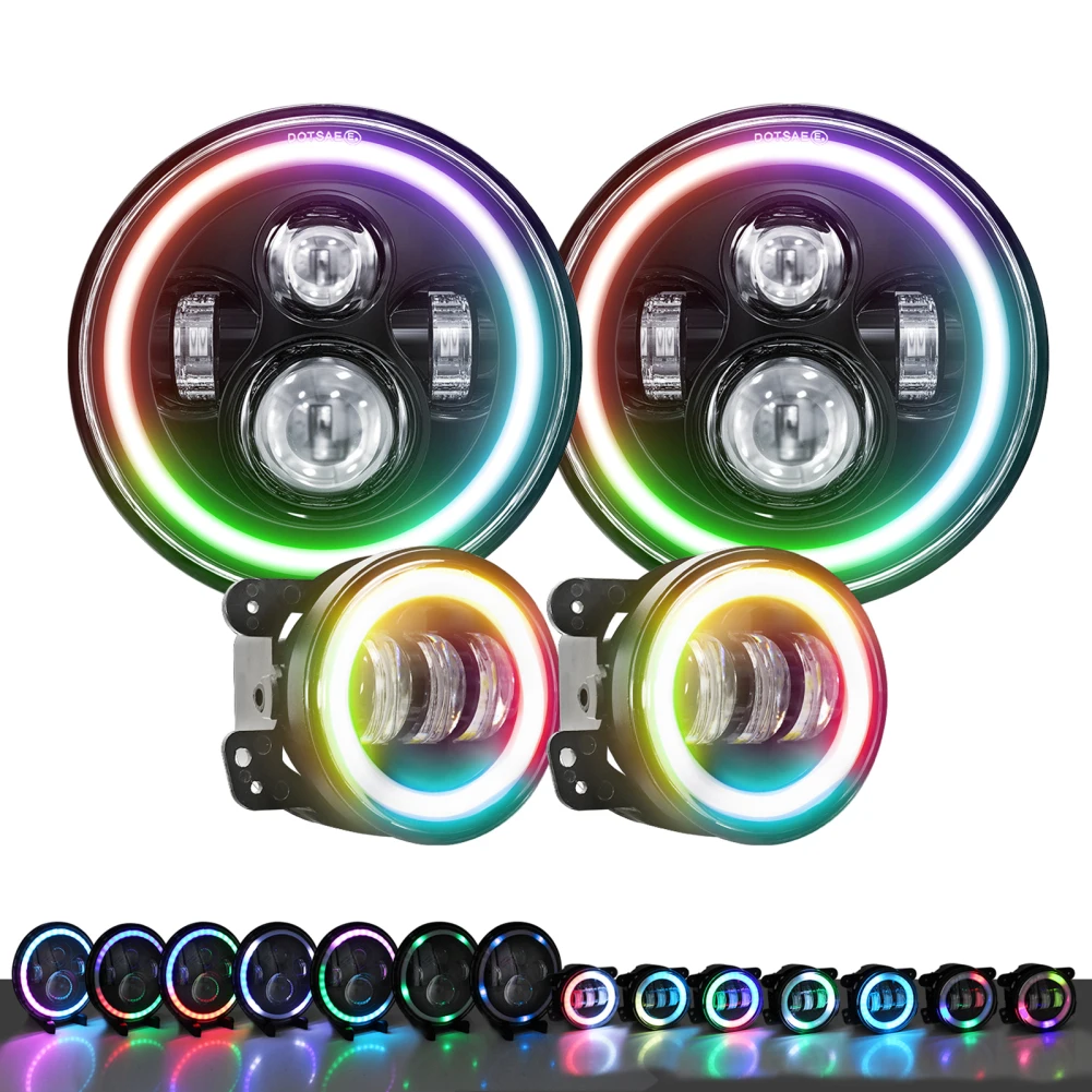 

4Pcs Round LED Headlight H4 7 Inch Fog Lights Combo Waterproof RGB DRL Daytime Running Light Headlamp Fog Lamp Replacement Parts