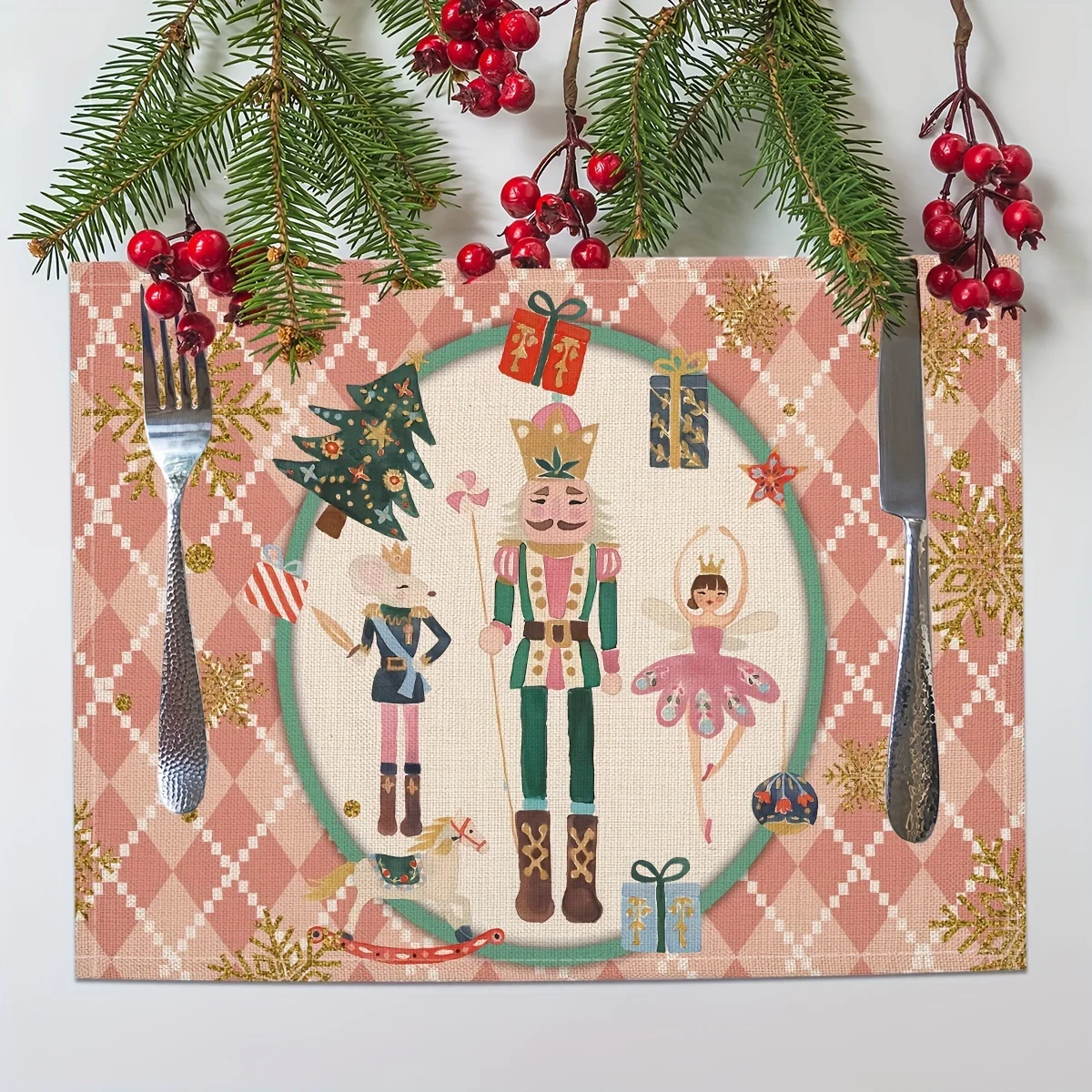 Christmas Decorative Nutcracker Soldier Ballet Snowflake Placemats, Home Holiday Party Insulated Table Mats Fabric Kitchen Mat